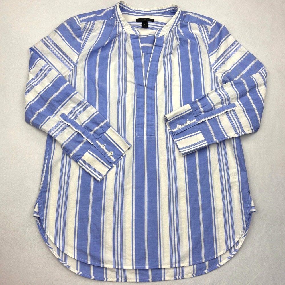 JCrew Tunic Blouse Popover Shirt Blue White Stripe V Neck Cotton Womens Small S